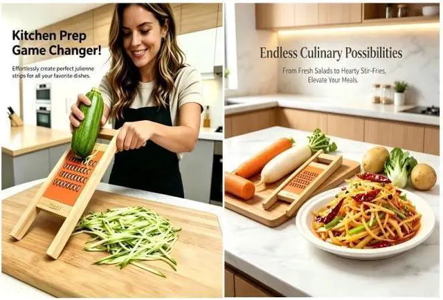 Alt view image 2 of 7 - Korean Carrot Grater, Wooden Vegetable Grater with Hand Guard, 4mm Stainless Steel Shredder for Cabbage, Onion, Cheese, Heavy Duty Kitchen Tool (11.0" × 3.7")
