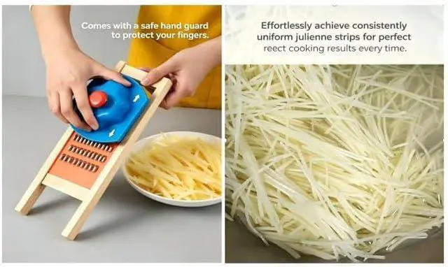 Alt view image 4 of 7 - Korean Carrot Grater, Wooden Vegetable Grater with Hand Guard, 4mm Stainless Steel Shredder for Cabbage, Onion, Cheese, Heavy Duty Kitchen Tool (11.0" × 3.7")