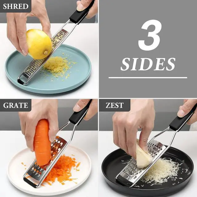 Alt view image 2 of 7 - Cambom Lemon Zester Grater Three-piece Suit - Heavy Duty Kitchen Tool for Parmesan Cheese, Ginger, Garlic, Nutmeg, Chocolate, VegetablesFruitsStainless Steel Grater Dishwasher Safe Black
