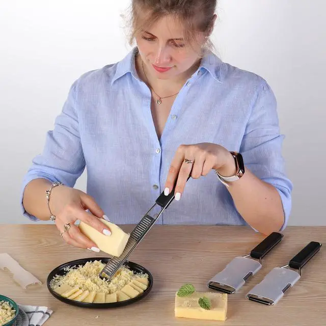 Alt view image 6 of 7 - Cambom Lemon Zester Grater Three-piece Suit - Heavy Duty Kitchen Tool for Parmesan Cheese, Ginger, Garlic, Nutmeg, Chocolate, VegetablesFruitsStainless Steel Grater Dishwasher Safe Black