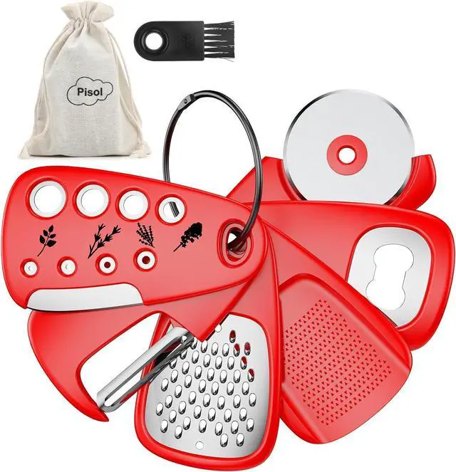 Main image of Pisol Kitchen Unique Gadgets Set 6 Pieces, Space Saving, Cheese Grater, Bottle Opener, Fruit Vegetable Peeler, Pizza Cutter, Garlic Ginger Grinder, Herb Stripper Gift Set