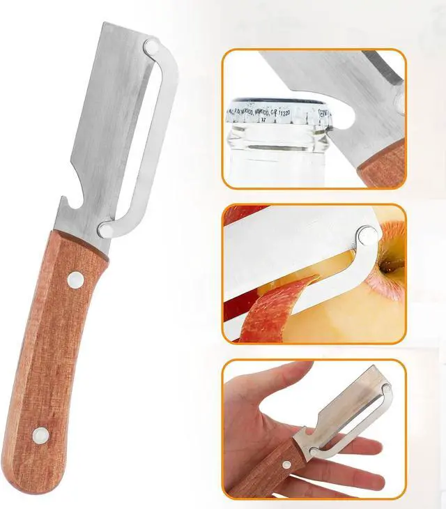 Alt view image 3 of 7 - Multi-Functional Vegetable Peeler with Wooden Handle, Stainless Steel Thick & Thin Skin Fruit Peeler with Bottle Opener, Not for Left-Handed Users, Practical Kitchen Tool for Apple Potato