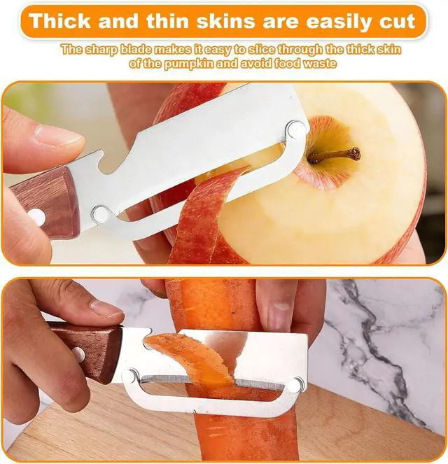 Alt view image 6 of 7 - Multi-Functional Vegetable Peeler with Wooden Handle, Stainless Steel Thick & Thin Skin Fruit Peeler with Bottle Opener, Not for Left-Handed Users, Practical Kitchen Tool for Apple Potato