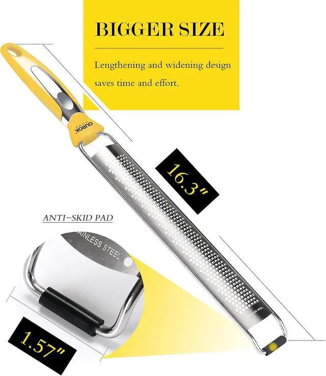 Alt view image 4 of 5 - Ourokhome Kitchen Lemon Zester, Stainless Steel Hand Held Parmesan Cheese Grater for Ginger, Chocolate, Coconut, Lime, Nutmeg, Citrus, Fruit, Vegetable with Cleaning Brush, Dishwasher safe, Yellow