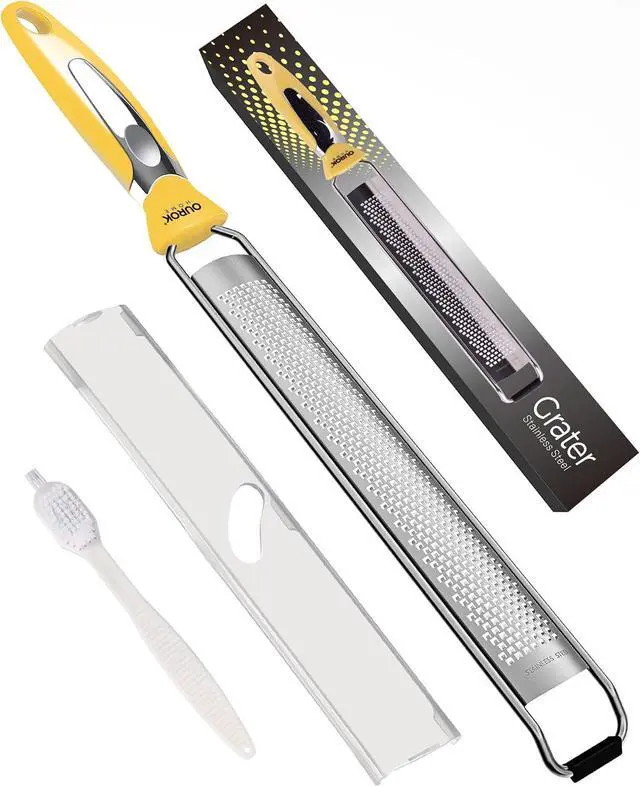Main image of Ourokhome Kitchen Lemon Zester, Stainless Steel Hand Held Parmesan Cheese Grater for Ginger, Chocolate, Coconut, Lime, Nutmeg, Citrus, Fruit, Vegetable with Cleaning Brush, Dishwasher safe, Yellow