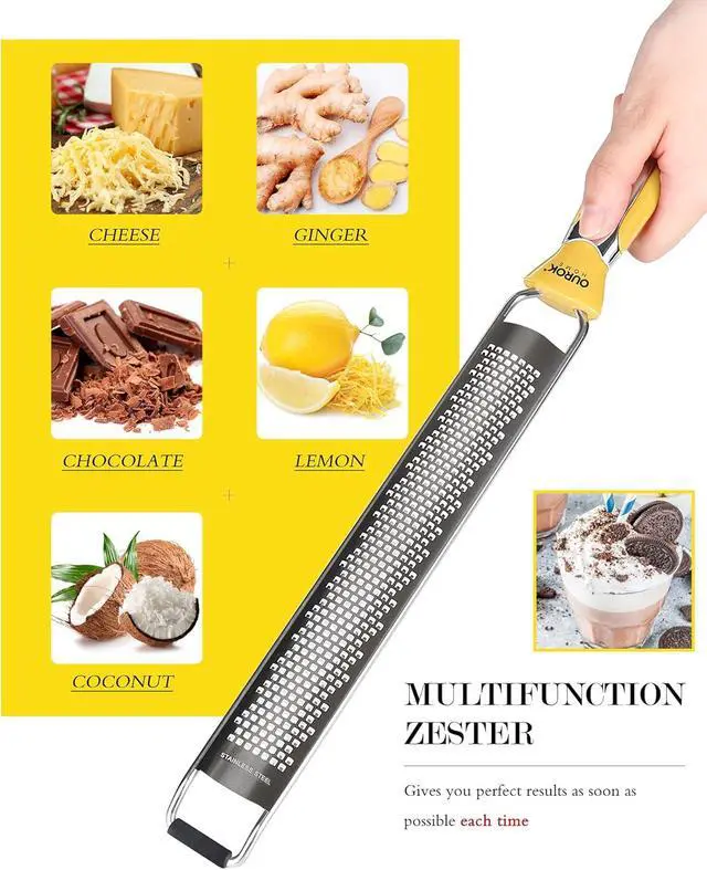 Alt view image 3 of 5 - Ourokhome Kitchen Lemon Zester, Stainless Steel Hand Held Parmesan Cheese Grater for Ginger, Chocolate, Coconut, Lime, Nutmeg, Citrus, Fruit, Vegetable with Cleaning Brush, Dishwasher safe, Yellow