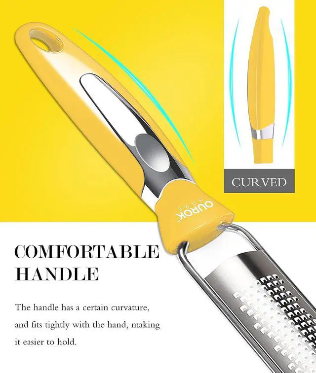 Alt view image 2 of 5 - Ourokhome Kitchen Lemon Zester, Stainless Steel Hand Held Parmesan Cheese Grater for Ginger, Chocolate, Coconut, Lime, Nutmeg, Citrus, Fruit, Vegetable with Cleaning Brush, Dishwasher safe, Yellow