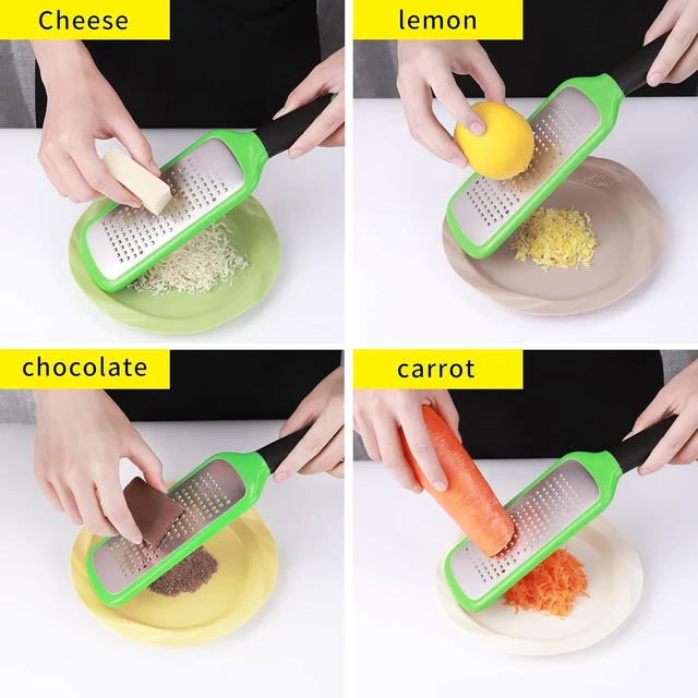 Alt view image 7 of 7 - Handheld Cheese Grater, Stainless Steel Lemon Citrus Peeler, Flat Handheld Slicer for Cheese, Lemon, Chocolate and Spices/Crude Hole (Green)