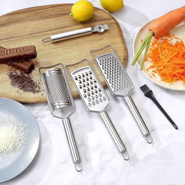 Alt view image 2 of 7 - Tongjude Stainless Steel Cheese Grater Set, Set of 5 Kitchen Grater & Peeler & Slicer, Lemon Zester with Cleaning Brush for Vegetable, Fruit, Chocolate