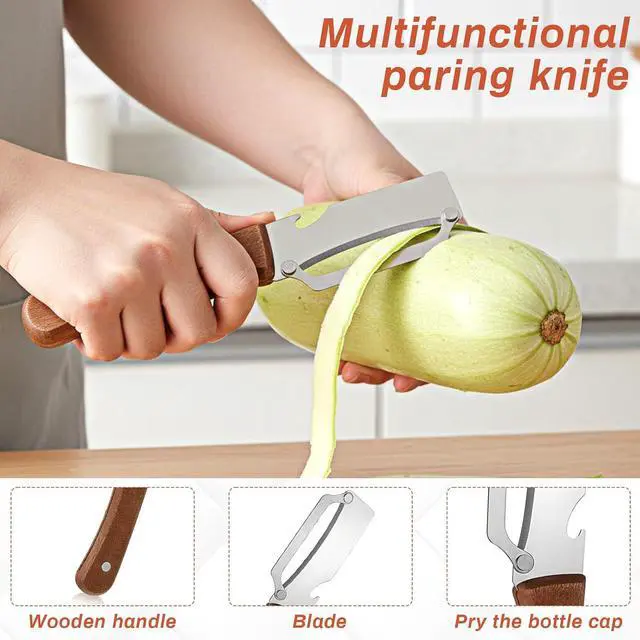 Alt view image 3 of 7 - 2-in-1 Vegetable Peeler for Kitchen, Multi-Functional Potato Peeler with Wooden Handle and Bottle Opener Stainless Steel Blades Kitchen Peeling Tool for Fruits Potatoes Apples Carrots Zucchini