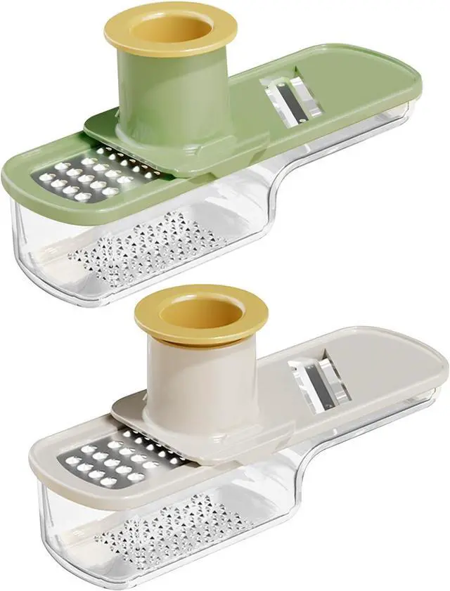 Main image of 2 Pieces Mini Mandoline Slicer 3 in 1 - Ginger Garlic Grater, Vegetable Chopper with Container, Easy Grip Handheld Kitchen Tool, Safety Guard, for Camping Cooking and Picnic