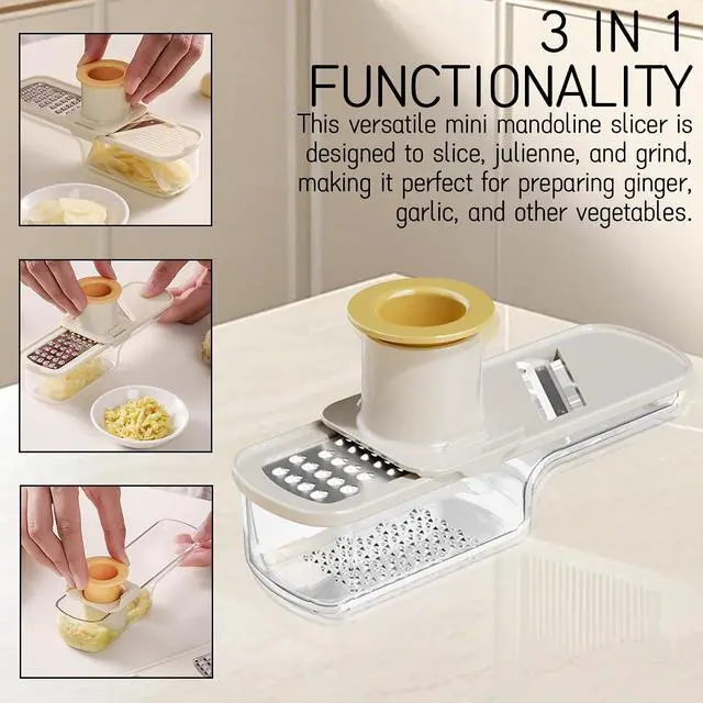 Alt view image 2 of 6 - 2 Pieces Mini Mandoline Slicer 3 in 1 - Ginger Garlic Grater, Vegetable Chopper with Container, Easy Grip Handheld Kitchen Tool, Safety Guard, for Camping Cooking and Picnic