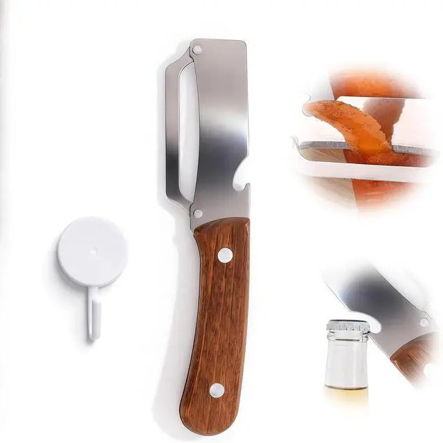 Main image of Multi-Functional Vegetable Peeler with Hook, Stainless Steel Sharp Blades Peeler with Wooden Handle & Bottle Opener Practical Kitchen Tool for Veggie Fruit Apple Potato Sugar Cane