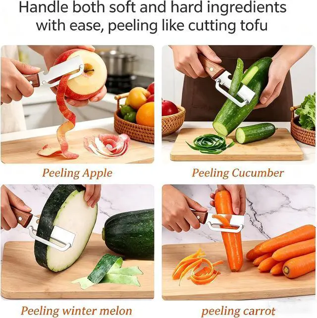 Alt view image 2 of 7 - 2 Pack 2 in 1 Multi Functional Vegetable Peelers, Kitchen Tool with Wooden Handl and Bottle Opener,Stainless Steel Potato Peelers, Kitchen Fruit & Veggie Peelers with Ergonomic Grip