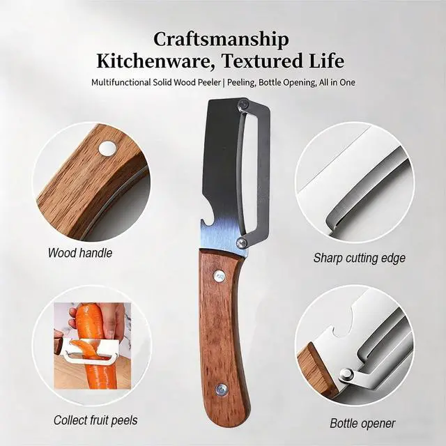 Alt view image 6 of 7 - 2 Pack 2 in 1 Multi Functional Vegetable Peelers, Kitchen Tool with Wooden Handl and Bottle Opener,Stainless Steel Potato Peelers, Kitchen Fruit & Veggie Peelers with Ergonomic Grip