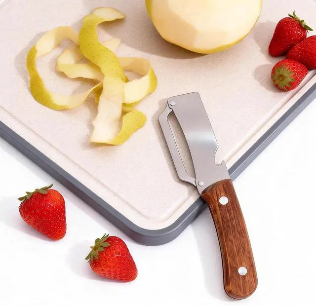 Alt view image 3 of 7 - Multi-Functional Vegetable Peeler with Hook, Stainless Steel Sharp Blades Peeler with Wooden Handle & Bottle Opener Practical Kitchen Tool for Veggie Fruit Apple Potato Sugar Cane