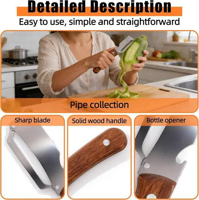 Alt view image 4 of 7 - Multi-Functional Vegetable Peeler with Hook, Stainless Steel Sharp Blades Peeler with Wooden Handle & Bottle Opener Practical Kitchen Tool for Veggie Fruit Apple Potato Sugar Cane