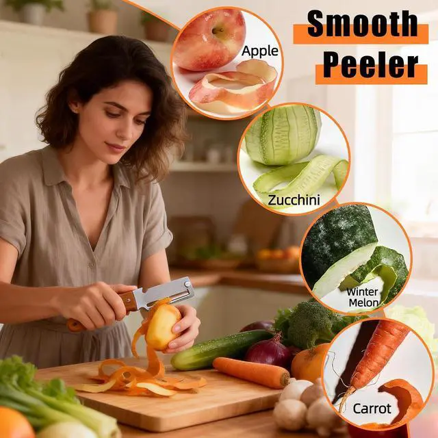Alt view image 6 of 7 - Multi-Functional Vegetable Peeler with Hook, Stainless Steel Sharp Blades Peeler with Wooden Handle & Bottle Opener Practical Kitchen Tool for Veggie Fruit Apple Potato Sugar Cane