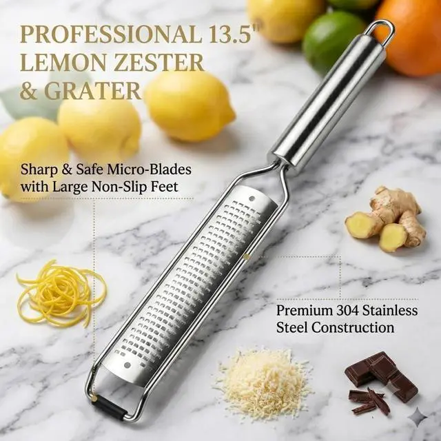 Alt view image 4 of 6 - 13.5 inch Lemon Zester, 304 Stainless Steel Cheese Grater, Kitchen Tool Metal Zester for Vegetable Fruits, Ginger, Garlic, Nutmeg, Chocolate, Citrus, Lime Zesters & Grater.