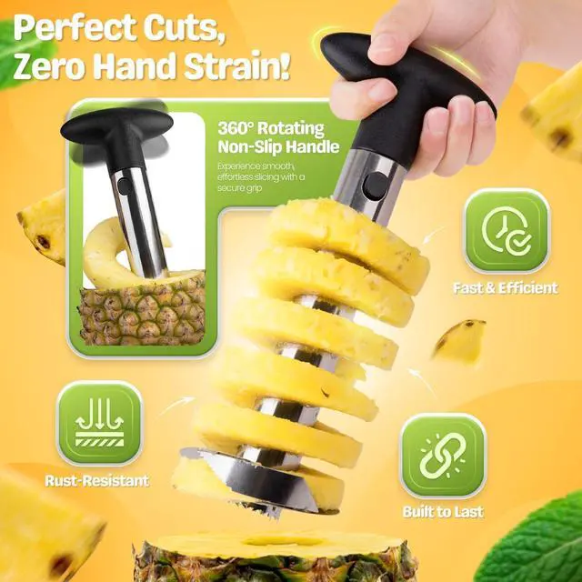Alt view image 3 of 7 - Flexzion Pineapple Corer Slicer Peeler, Stainless Steel Eye Remover Decorer Wedger Cutter, Spiral Cutting Tools with Metal Blade, Non-Slip Grip for Fruit Rings, Home Kitchen Restaurant Chef Use