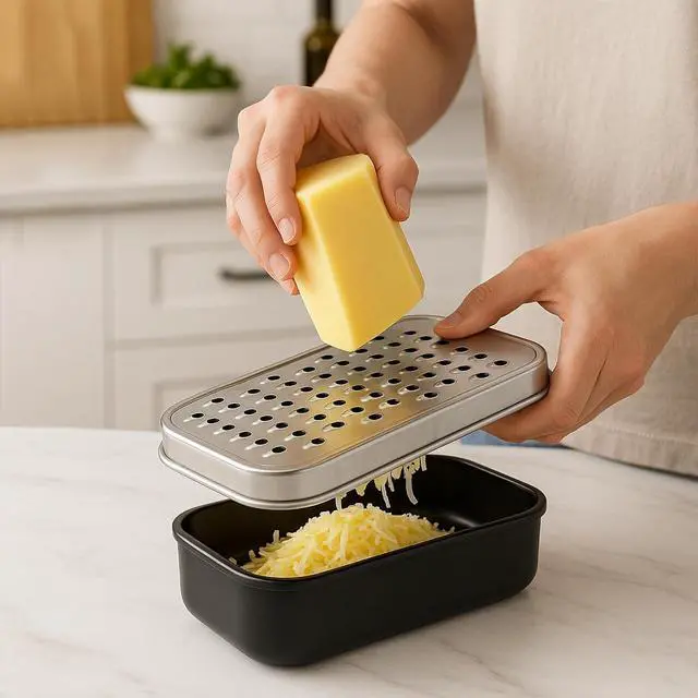 Alt view image 3 of 7 - 2 In 1 Cheese Grater with Container and Lid Metal Handheld with Storage Box Stainless Steel Citrus Lemon Zester, Fruit Vegetable Onion Choppers, Airtight Includes Hand Peelers, Grinder, Shredder