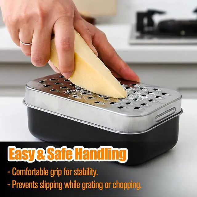 Alt view image 7 of 7 - 2 In 1 Cheese Grater with Container and Lid Metal Handheld with Storage Box Stainless Steel Citrus Lemon Zester, Fruit Vegetable Onion Choppers, Airtight Includes Hand Peelers, Grinder, Shredder