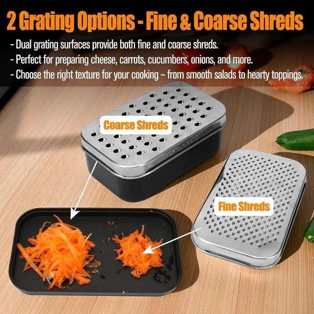 Alt view image 5 of 7 - 2 In 1 Cheese Grater with Container and Lid Metal Handheld with Storage Box Stainless Steel Citrus Lemon Zester, Fruit Vegetable Onion Choppers, Airtight Includes Hand Peelers, Grinder, Shredder