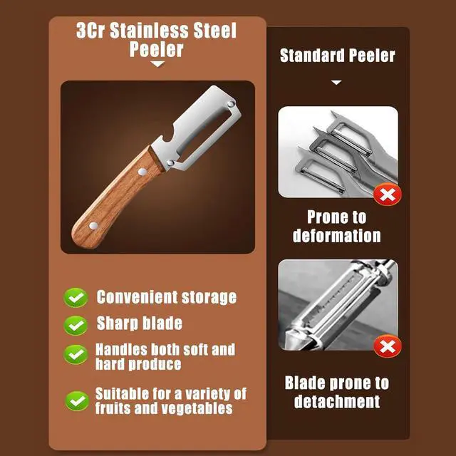 Alt view image 5 of 7 - 2PCS Multifunctional Vegetable Peeler for Kitchen, Multi-Functional Stainless Steel Fruit Peelers with Wooden Handle and Bottle Opener, Effortless Peeling for Apple, Potato, Pumpkin, Papaya