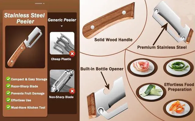 Alt view image 4 of 5 - Multi Functional Premium Vegetable Peeler with Wooden Handle and Bottle Opener Stainless Steel Blade Kitchen Tool for Fruit Potato Pumpkin Papaya