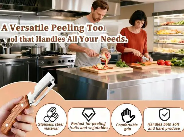 Alt view image 5 of 5 - Multi Functional Premium Vegetable Peeler with Wooden Handle and Bottle Opener Stainless Steel Blade Kitchen Tool for Fruit Potato Pumpkin Papaya