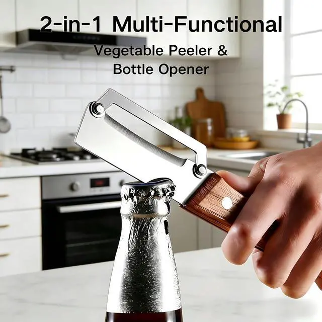 Alt view image 3 of 7 - 2-in-1 Vegetable Peeler with Bottle Opener, 2-Pack Sharp Stainless Steel Fruit Peeler, Ergonomic Wood Grain Handle Potato Peeler for Kitchen, Multi-Function Food Peeling Tool for Apple, Carrot,Veggies