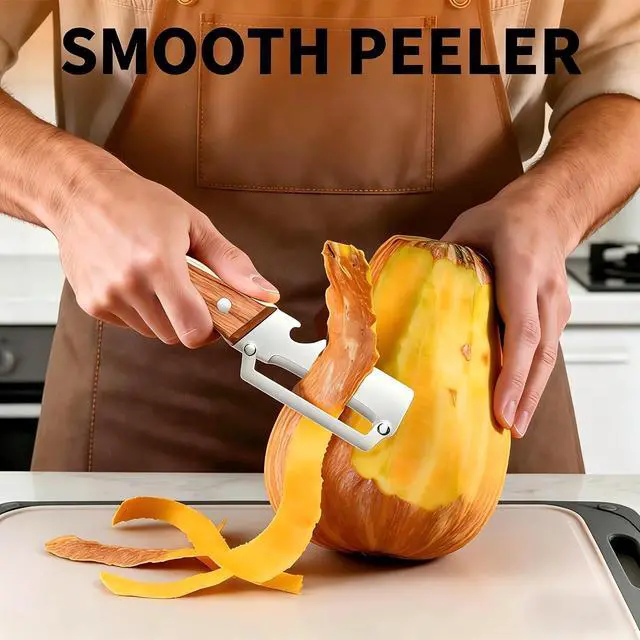 Alt view image 5 of 7 - 2-in-1 Vegetable Peeler with Bottle Opener, 2-Pack Sharp Stainless Steel Fruit Peeler, Ergonomic Wood Grain Handle Potato Peeler for Kitchen, Multi-Function Food Peeling Tool for Apple, Carrot,Veggies
