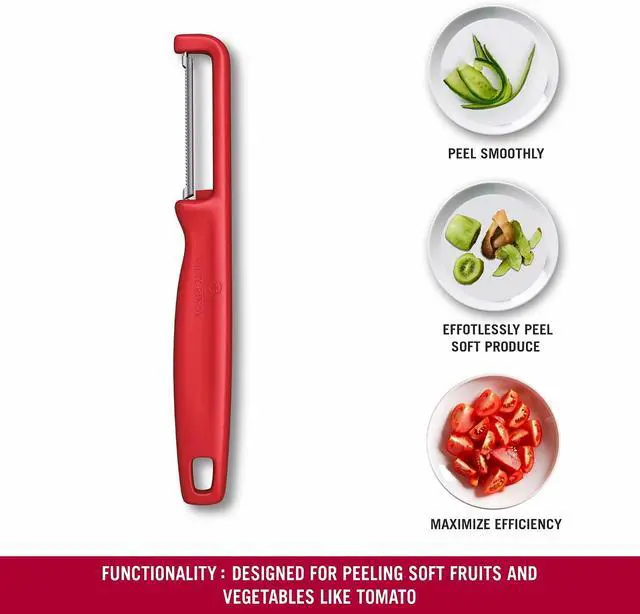 Alt view image 6 of 6 - Victorinox Iota Peeler for Vegetables Fruits, Serrated Edge,Swiss Made, Red