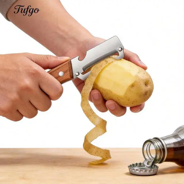 Alt view image 2 of 7 - Multi-Functional Vegetable Peeler for Kitchen, 2026 New Stainless Steel Peeler with Wooden Handle and Bottle Opener, Kitchen Tool for Fruit Veggie Pumpkin, Gifts for Mom (2PCS)
