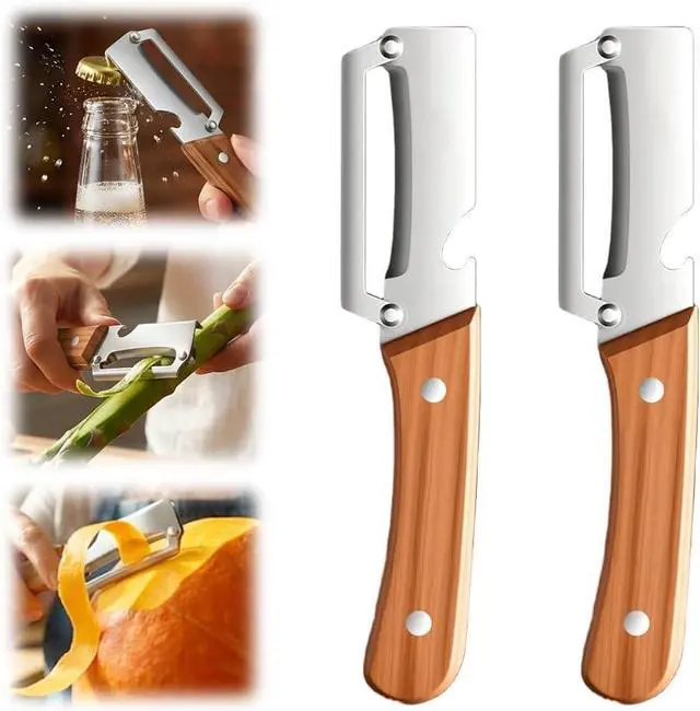 Main image of Multi-Functional Vegetable Peeler for Kitchen, 2026 New Stainless Steel Peeler with Wooden Handle and Bottle Opener, Kitchen Tool for Fruit Veggie Pumpkin, Gifts for Mom (2PCS)
