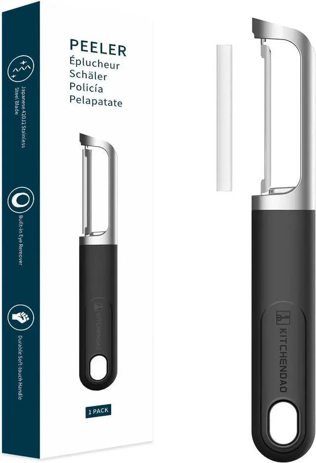 Main image of KITCHENDAO Swivel Vegetable Potato Peeler for Kitchen -Durable Japanese 420J2 Stainless Steel Sharp Dual Blade- Built-in Eye Remover, Ergonomic Soft-touch Handle - Dishwasher Safe-Black