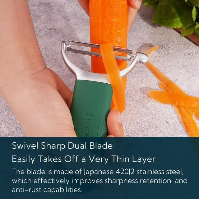 Alt view image 4 of 7 - KITCHENDAO Swivel Vegetable Potato Peeler for Kitchen, Japanese Stainless Steel Sharp Blade, Heavy Duty Die-cast Construction Y Peeler, Built-in Eye Remover, Soft-touch Handle, Dishwasher Safe, Green