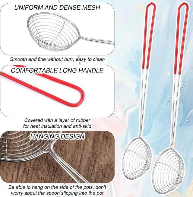 Alt view image 3 of 7 - 2Pcs Stainless Steel Hot Pot Strainer Spoons, 2 Sizes Fatsoff Soup Scoop Boba Spoon Scoop with Handle Ladle Wire Cooking Spider Skimmer Spoon for Hot Pot, Kitchen, Meatball, Oil Filter