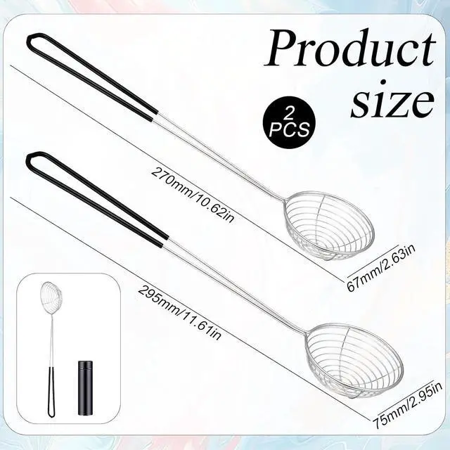Alt view image 2 of 7 - 2Pcs Stainless Steel Hot Pot Strainer Spoons, 2 Sizes Fatsoff Soup Scoop Boba Spoon Scoop with Handle Ladle Wire Cooking Spider Skimmer Spoon for Hot Pot, Kitchen, Meatball, Oil Filter Black