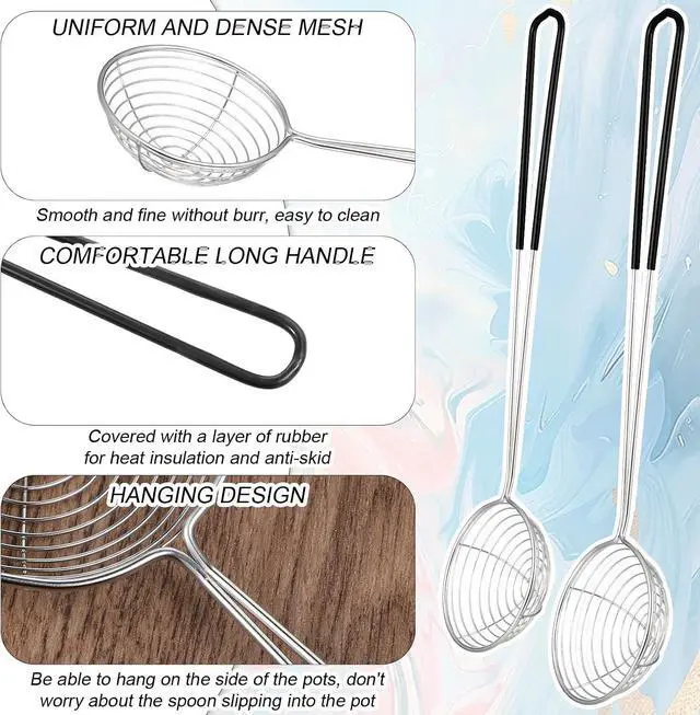 Alt view image 3 of 7 - 2Pcs Stainless Steel Hot Pot Strainer Spoons, 2 Sizes Fatsoff Soup Scoop Boba Spoon Scoop with Handle Ladle Wire Cooking Spider Skimmer Spoon for Hot Pot, Kitchen, Meatball, Oil Filter Black