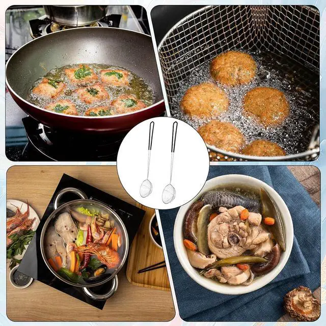Alt view image 5 of 7 - 2Pcs Stainless Steel Hot Pot Strainer Spoons, 2 Sizes Fatsoff Soup Scoop Boba Spoon Scoop with Handle Ladle Wire Cooking Spider Skimmer Spoon for Hot Pot, Kitchen, Meatball, Oil Filter Black