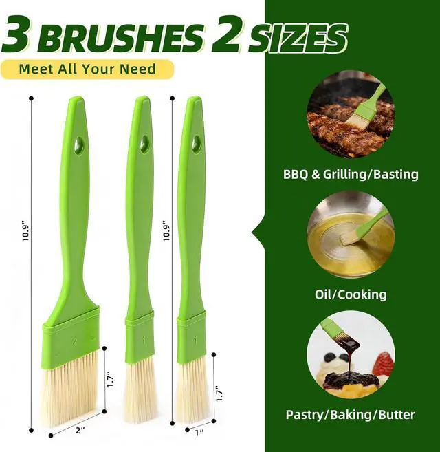 Alt view image 7 of 7 - 3 Pcs Pastry Brush Set, 1/1/2 inch Bristle Basting Brushes for Cooking, Heat Resistant, Kitchen Brush for Oil, BBQ Grill, Butter Sauce, Baking, with Hang Hole Design Green