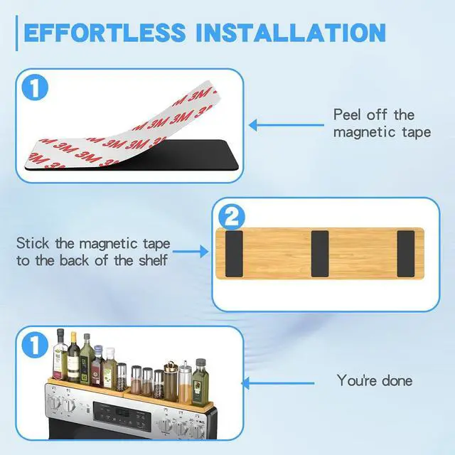 Alt view image 3 of 7 - PEKER Magnetic Stove Top Shelf for 30" Stoves, Over Oven Shelf Above with Bamboo Spice Rack Organizer, Heat-Resistant, Space-Saving Solution for Kitchen Storage
