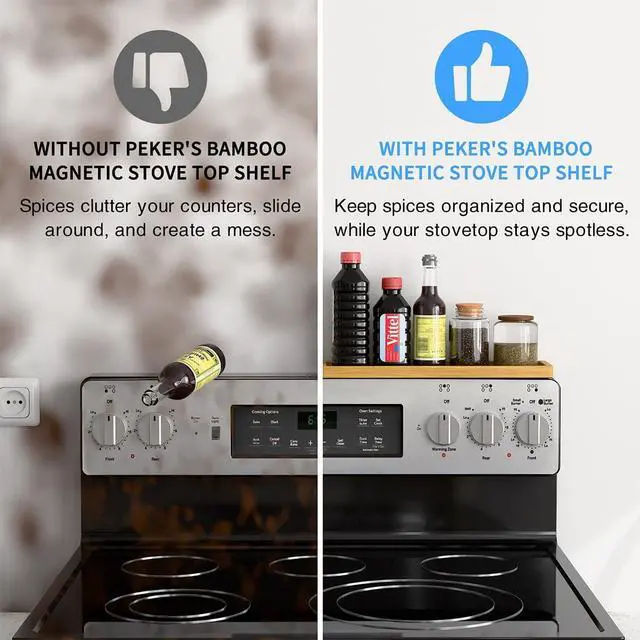 Alt view image 7 of 7 - PEKER Magnetic Stove Top Shelf for 30" Stoves, Over Oven Shelf Above with Bamboo Spice Rack Organizer, Heat-Resistant, Space-Saving Solution for Kitchen Storage