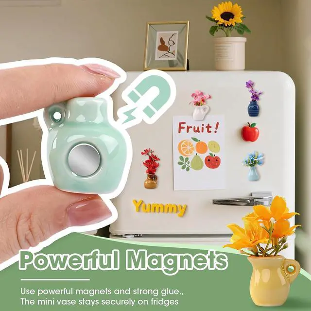 Alt view image 4 of 7 - Cute Mini Vase Magnets for Fridge, Funny Small Ceramic Vase Magnetics with Flowers, Tiny Flower Vase for Refrigerator, Kitchen, Office Decoration, Cute Plant Vase Gift for Family and Friends