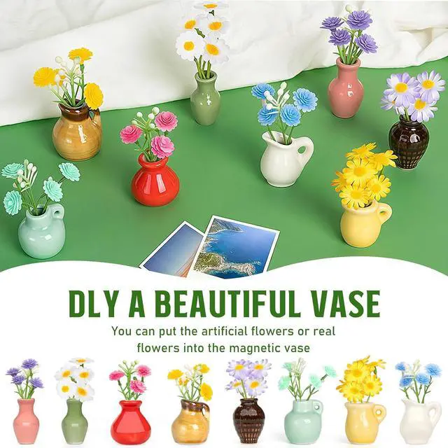 Alt view image 6 of 7 - 8PCS Mini Ceramic Vase Fridge Magnets, Cute Tiny Flower Vase Fridge Magnets with Artificial Flowers for Refrigerator Office and Kitchen Cabinet Decoration