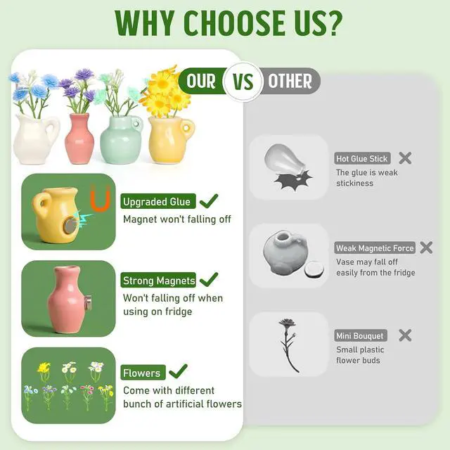 Alt view image 7 of 7 - 8PCS Mini Ceramic Vase Fridge Magnets, Cute Tiny Flower Vase Fridge Magnets with Artificial Flowers for Refrigerator Office and Kitchen Cabinet Decoration