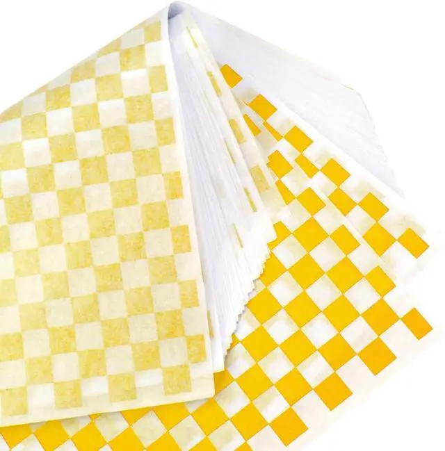 Alt view image 3 of 6 - 100 Sheets Checkered Dry Waxed Deli Paper Sheets, Paper Liners for Plastic Food Basket, Wrapping Bread and Sandwiches (Yellow)