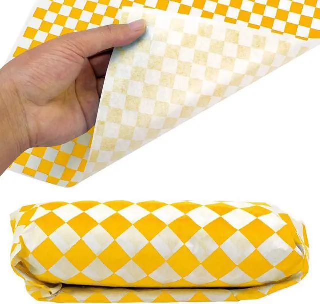 Alt view image 4 of 6 - 100 Sheets Checkered Dry Waxed Deli Paper Sheets, Paper Liners for Plastic Food Basket, Wrapping Bread and Sandwiches (Yellow)