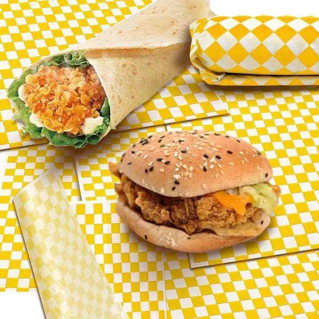 Alt view image 6 of 6 - 100 Sheets Checkered Dry Waxed Deli Paper Sheets, Paper Liners for Plastic Food Basket, Wrapping Bread and Sandwiches (Yellow)